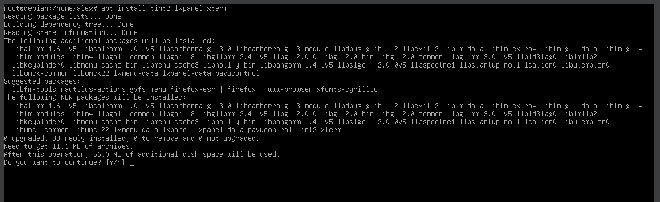 Running 'apt install tint2 lxpanel xterm'